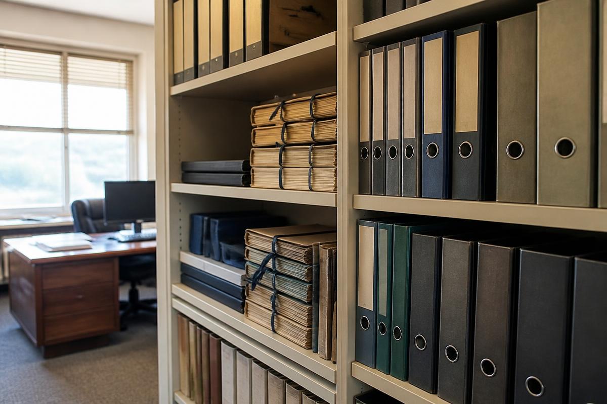 Office shelves filled with old lever-arch files and bound submission folders