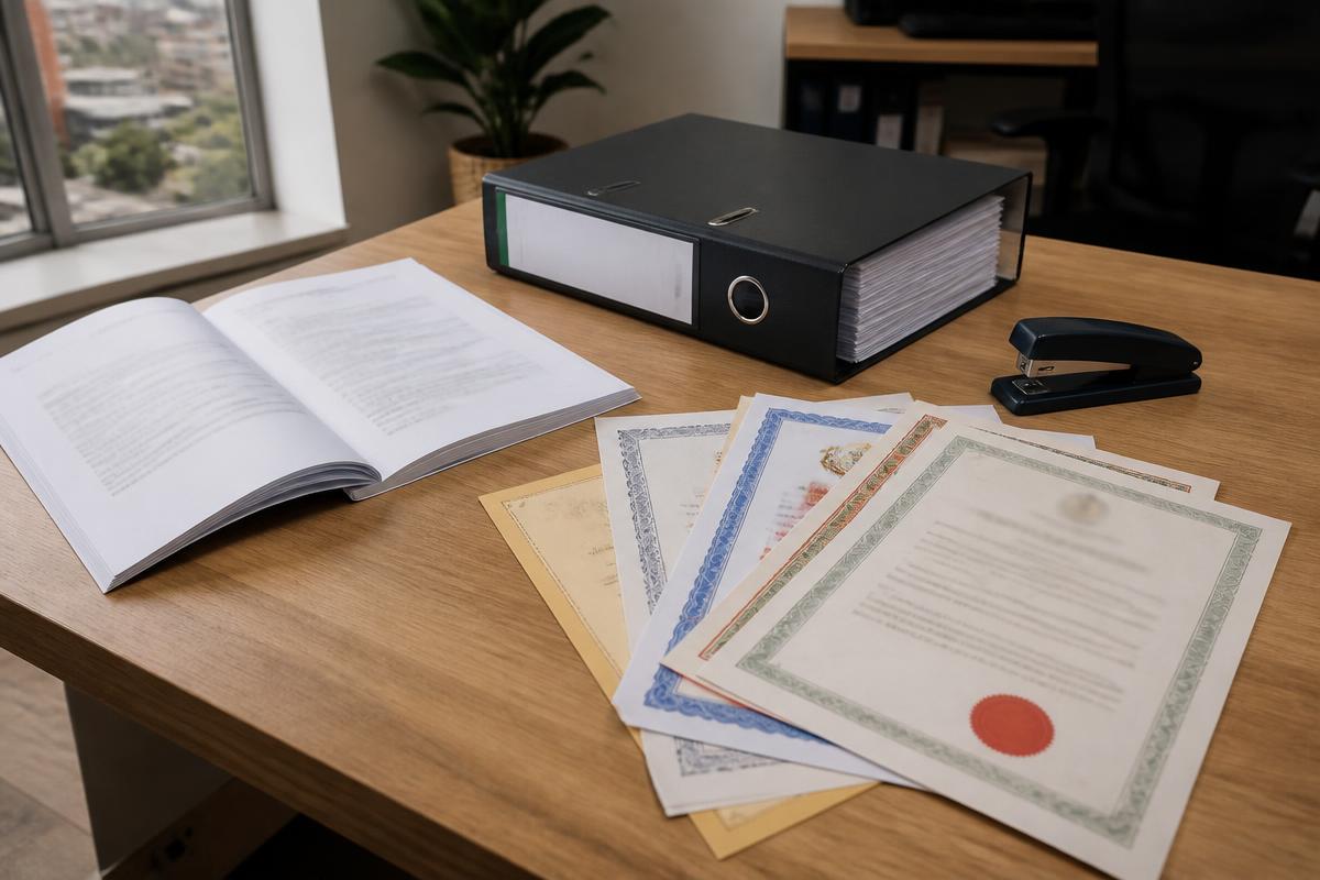 An open tender document, a lever-arch file and company certificates spread across a desk