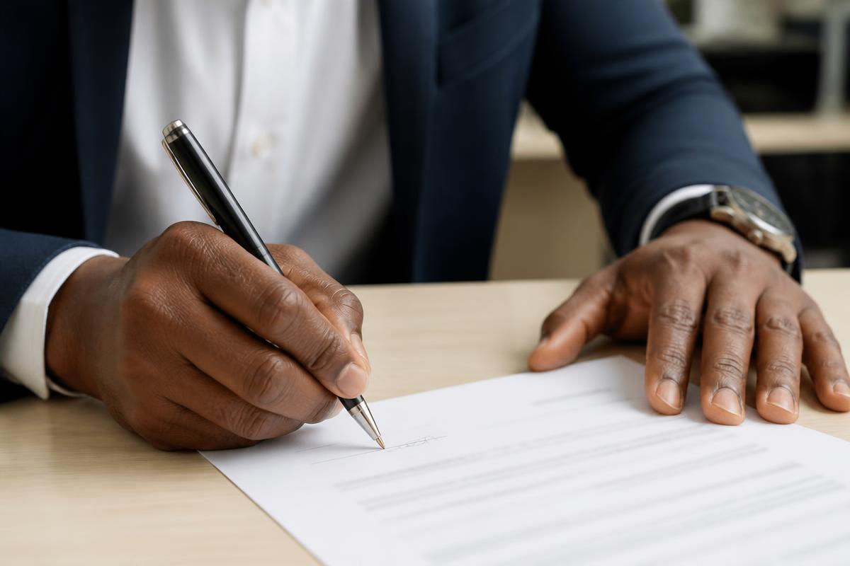 A company director signing a printed tender form in black ink at a desk